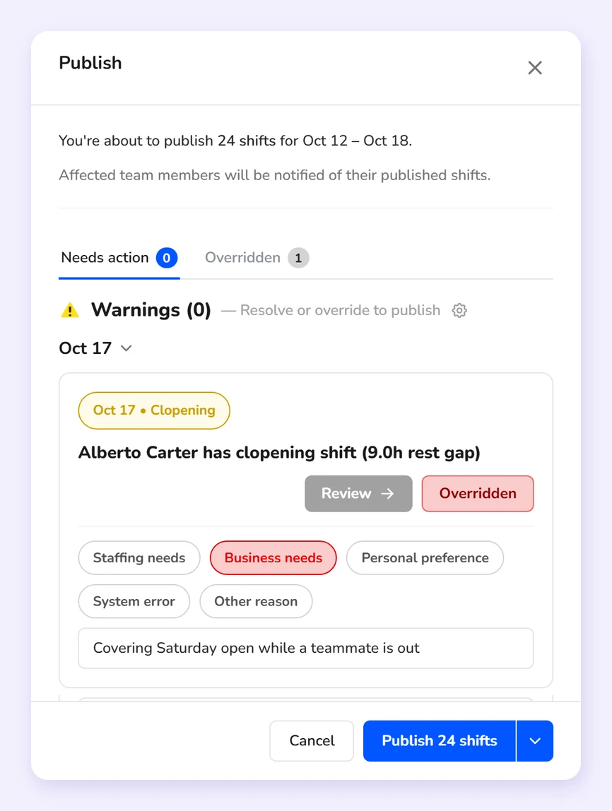 Kronto publish review with a clopening warning overridden for business needs, a comment explaining why, and the Publish 24 shifts button ready