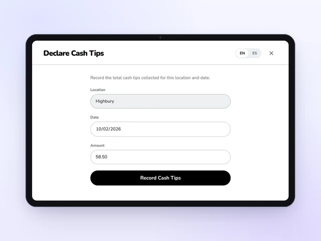 The Kronto store tablet's Declare Cash Tips form, with the store, today's date and a cash tip total ready to record.