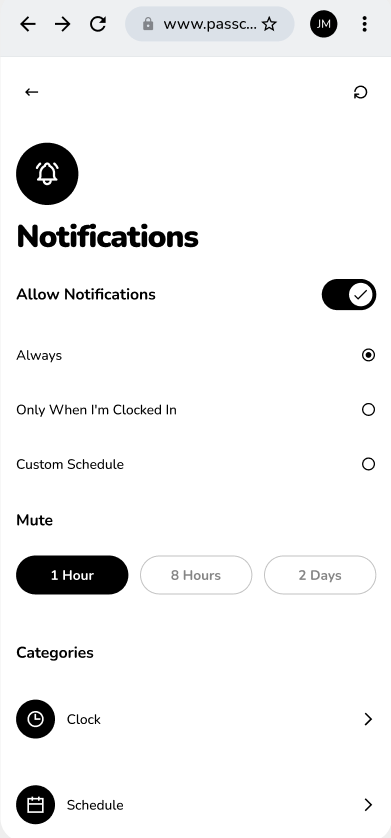 Kronto notification settings screen showing master toggle, schedule options, mute controls, and per-category settings