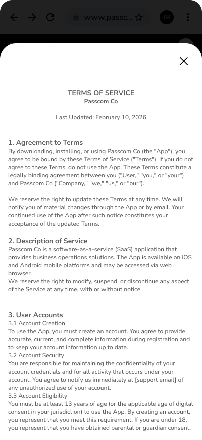 Passcom Kronto Terms of Service document